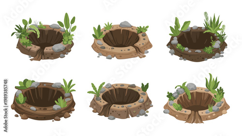 Set of six different round ground holes or planting pits surrounded by various types of soil rocks and small green plants.