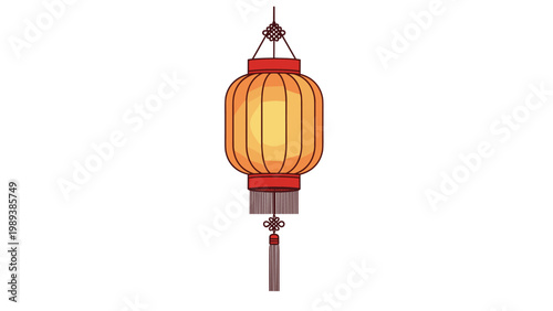 Traditional red and yellow paper lantern with decorative knots and tassels hanging gracefully against a clean white background.