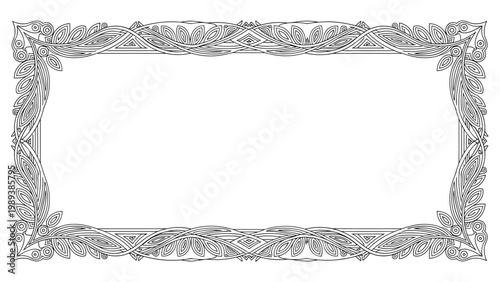Exquisite black and white ornamental frame with intricate flowing leafy patterns and classical decorative scrolls on white.