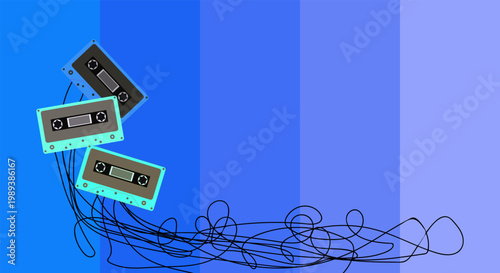 Vintage cassette tapes with tangled ribbons on blue background nostalgic music