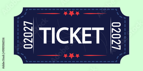 Graphic illustration of a navy blue ticket with white text and red stars on a light green background for event or lottery concept