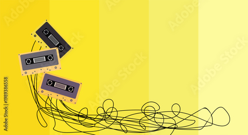 Vintage cassette tapes on yellow background with scribbles and wires