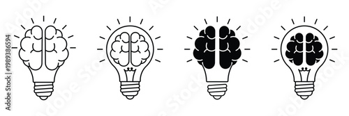 Brain light bulb icon set representing creative idea, innovation, solution ,intelligence, knowledge, lamp. Vector illustration 