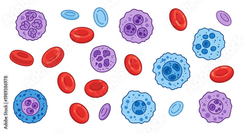 Diverse Human Blood Cells Including Red Blood Cells and White Blood Cells.