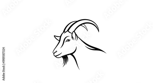 Black and white vector illustration of a goat head in profile, detailed line art drawing of a domestic farm animal