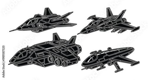 Detailed line art depicting four futuristic spacecraft designs