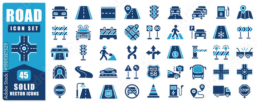 Traffic Solid Icon Set Featuring Roads, Signs, Vehicles And Navigation Symbols. Ideal For Transport Apps, Maps And Urban Design. Clean Bold Style With Clear And Recognizable Elements. Vector Icon.