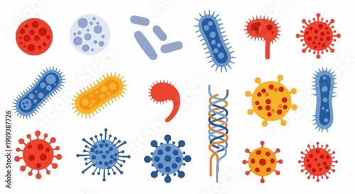 Diverse collection of microscopic bacteria and virus cells.