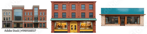 Obraz na plátne Collection of diverse commercial building facades and storefronts, isolated on transparent background