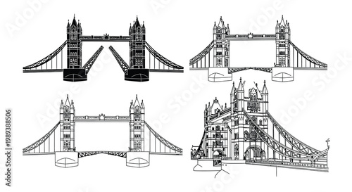 Bild auf Leinwand Detailed line art depictions of tower bridge from various perspectives