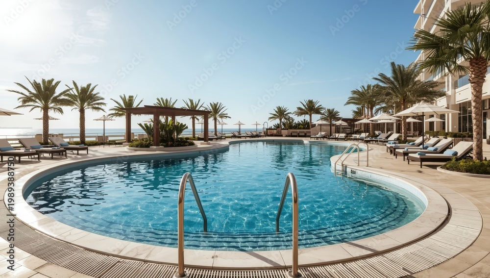 Fototapeta premium Expansive circular pool with stainless steel staircase, safety ladder, clear water, marble border, and linear drains at a luxury resort.