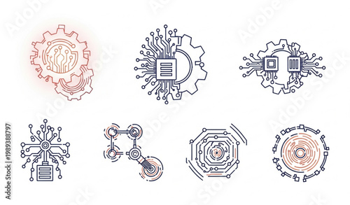 Futuristic digital technology and circuit gear icon set with data integration and electronic engineering symbols vector