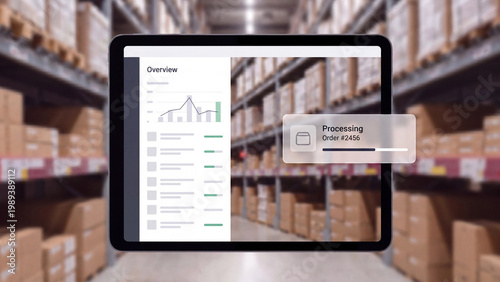 Warehouse order management and inventory overview dashboard on tablet with order processing tracking and analytics for ecommerce logistics supply chain operational efficiency