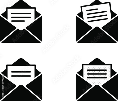 Black Envelope Mail Icon Set with Open Letter Designs in Solid Style for Email Communication, Messaging Apps, User Interface and Notification Symbols