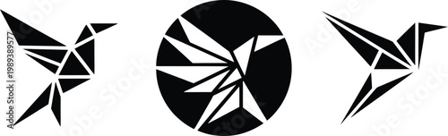 Geometric Origami Bird Silhouette Vector Set for Brand Identity, Modern Low Poly Flying Bird Logo Collection in Monochrome