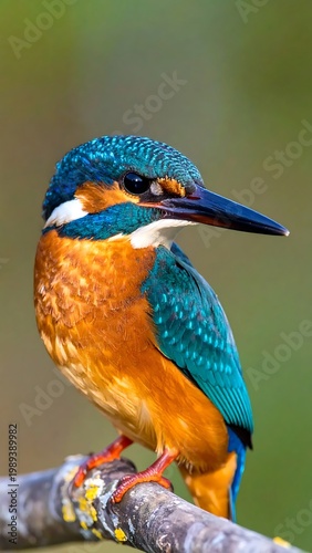 Common Kingfisher Perched On A Branch With Vibrant Blue And Orange Plumage Against A Blurred Green Background