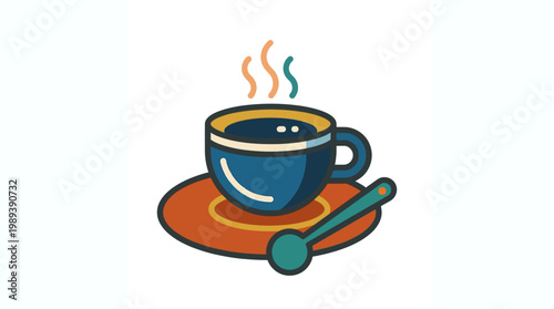 Steaming hot blue coffee cup.
