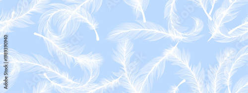 seamless continuous pattern of white feathers on a black  background, long.ai