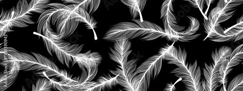 seamless continuous pattern of white feathers on a black  background, long.eps