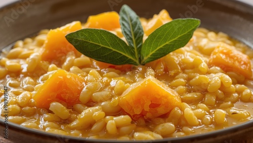 Detailed view of pumpkin risotto with taleggio cheese, garnished with sage leaves. Banner format.