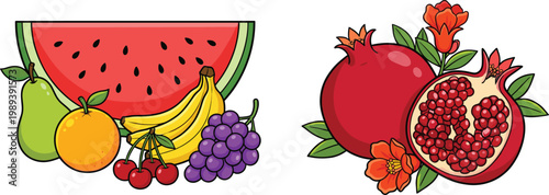 Fresh Fruit Composition with Watermelon Slice, Banana, Grapes, Orange, Pear and Decorative Pomegranate Illustration for Healthy Food and Organic Design