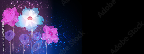 glowing pink and blue flowers with sparks on a black background,long.eps
