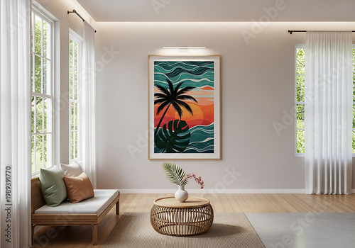 Coastal artwork illustration in a light filled living room interior design