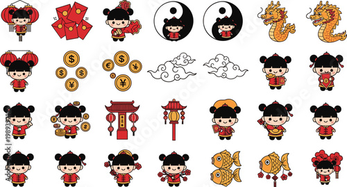 Chinese New Year cartoon set with traditional elements, cute girl characters, coins, dragons and lanterns for festive celebration design