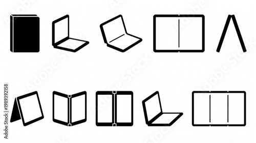Detailed vector icon set of foldable smartphone screen displays and tablet devices in various positions including folded partially open flat tent mode and trifold for modern mobile technology usage
