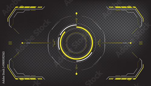 Futuristic HUD Target Interface with Circular Reticle and Yellow Vector Elements on Dark Grid