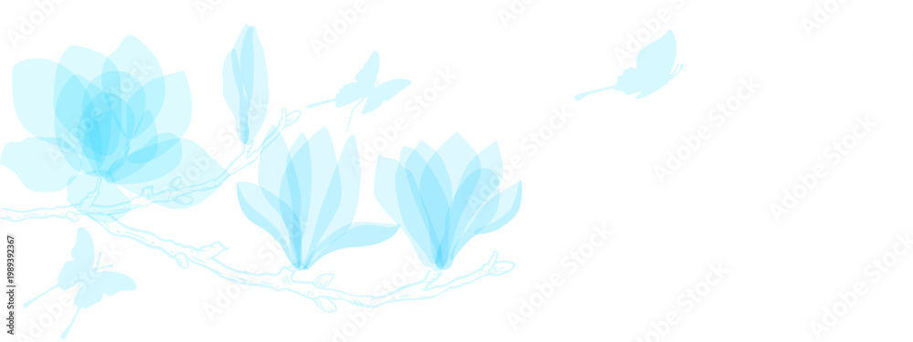 Naklejka premium blue flowers magnolia and blue butterfly on a blue background.ai