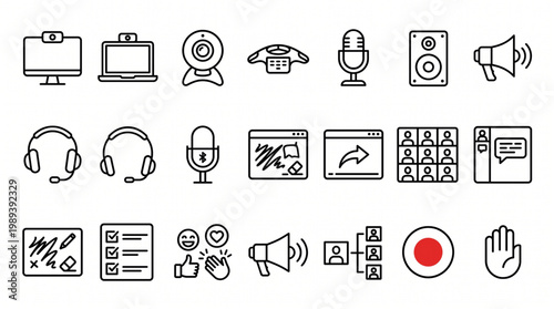 Comprehensive vector line icon set for video conferencing, digital collaboration, and remote work tools including webcams, microphones, headsets, screen sharing, chat, and online whiteboard design.