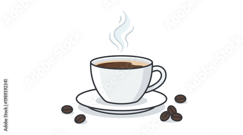 Steaming hot coffee cup on saucer.