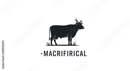 Elegant black silhouette of a bull or steer standing on a patch of grass. Minimalist vector illustration of a farm animal or livestock.