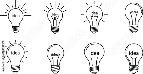 "Set of Light Bulb Icons with 'Idea' Text in Different Styles and Designs"