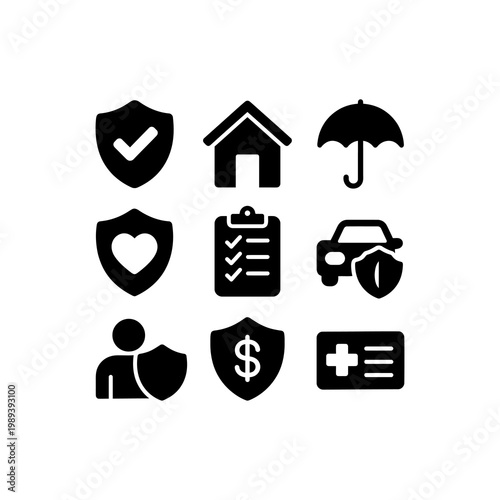 Black and white insurance icons perfect for web design, presentations, infographics, and social media posts related to insurance services.