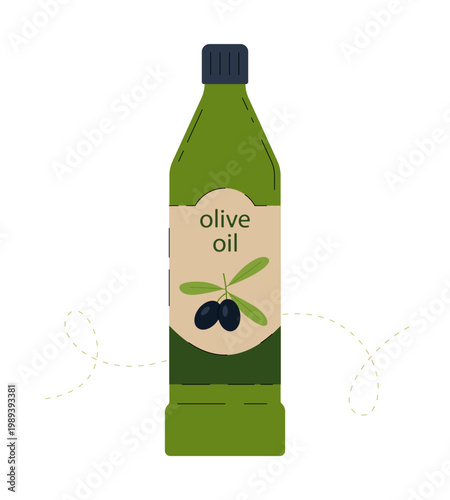 Olive oil bottle with label and branch of black olives. Isolated on white background. Perfect for food, cooking and healthy lifestyle design. Vector illustration