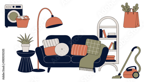 A modern living room interior with household appliances and furniture in a flat vector illustration style