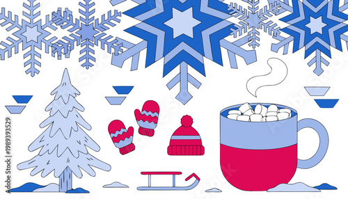 A festive winter scene featuring a hot chocolate mug with marshmallows, snowflakes, and holiday decorations in a flat, minimalist design.