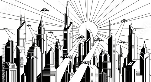 Futuristic cityscape with soaring skyscrapers and flying vehicles in a striking black and white art deco style illustration.