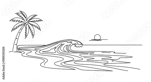 Minimalist tropical beach scenes with palm trees and lounge chairs