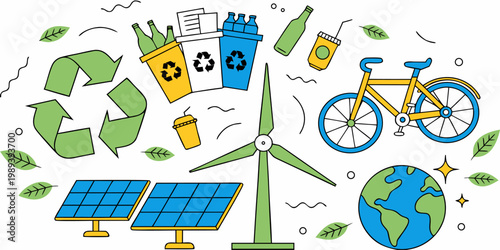 A colorful vector illustration of eco-friendly icons and symbols for sustainability and environmental conservation