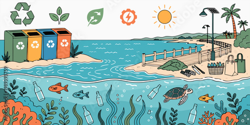 A colorful vector illustration of a beach scene highlighting the importance of recycling and reducing plastic waste in the ocean.