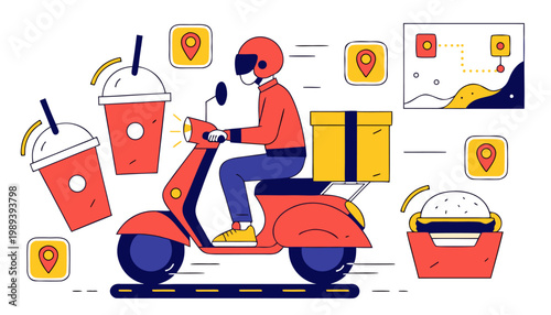 A delivery person riding a scooter with food and drink items for fast online ordering and delivery services