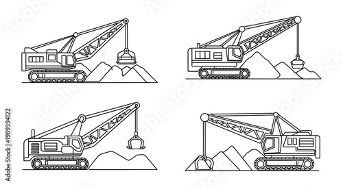 Line art illustrations of bucket chain excavators in various positions