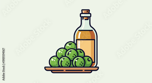 A bottle of amber liquid next to a pile of green olives on a platter