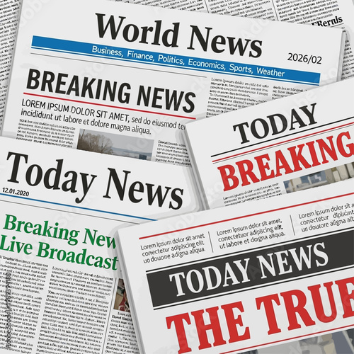 Quadro su tela Newspapers with Breaking News Headlines Displayed on a Live Broadcast
