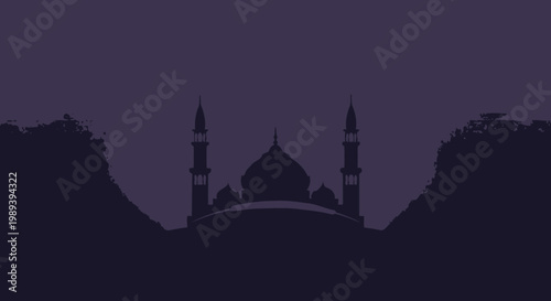 Islamic mosque silhouette with minarets and dome against a dark sky, a spiritual and religious building illustration for worship.