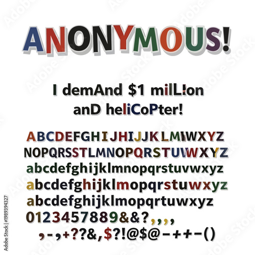 A ransom demand scene with colorful letters and a bold message on a white background features a person requesting one million dollars and a helicopter.