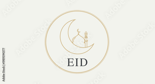 Elegant Eid Mubarak celebration icon with golden crescent moon and mosque dome, minimalist line art illustration for Islamic holidays